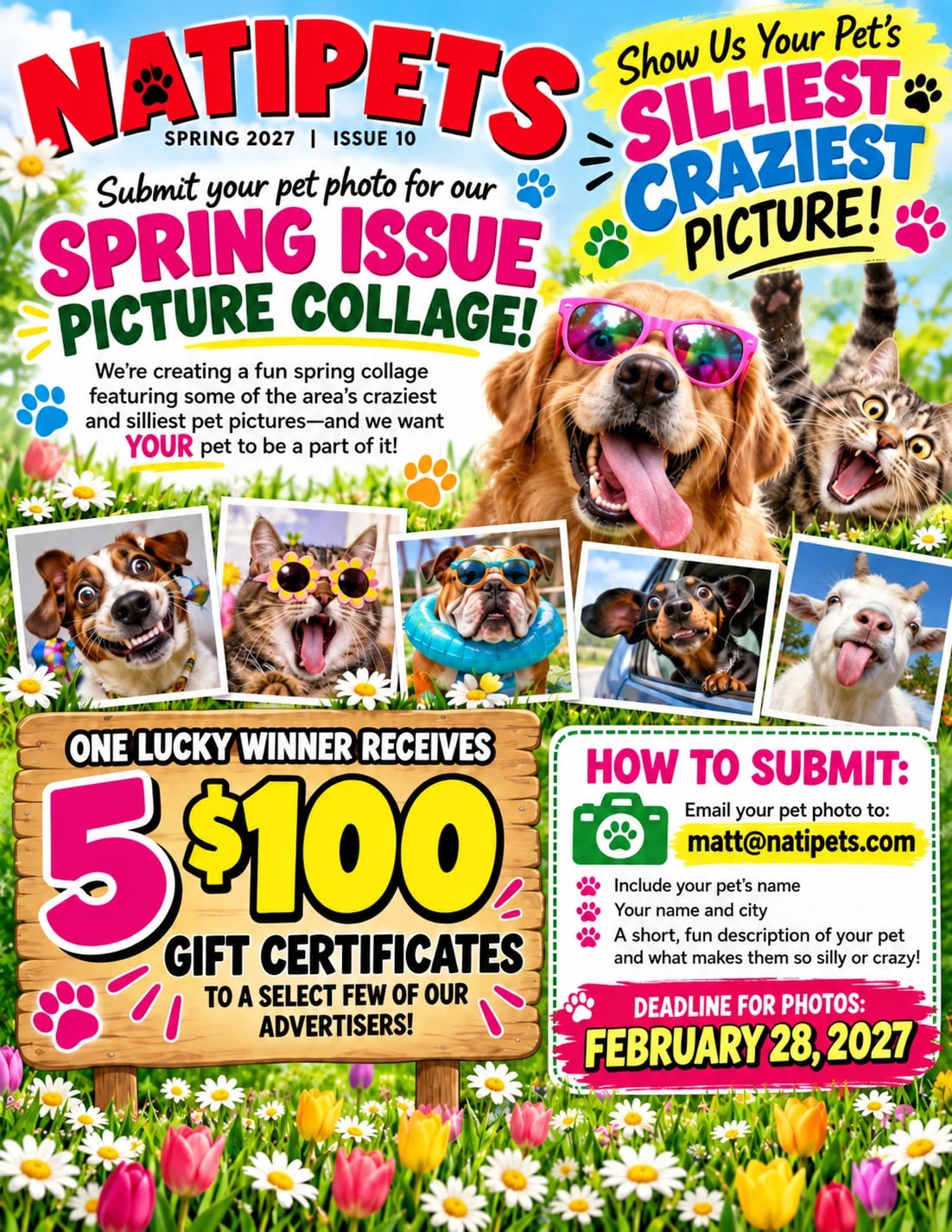 NatiPets Spring 2027 picture collage contest: show us your pet's silliest, craziest picture. One winner receives five gift certificates to some of our advertisers. Email photos to matt@natipets.com by February 28, 2027.